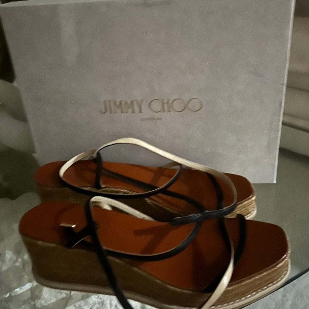 Jimmy Choo Black and Cream Wedge Sandals